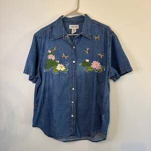 cabin creek lotus pond lily embroidered shirt xtra large Women's